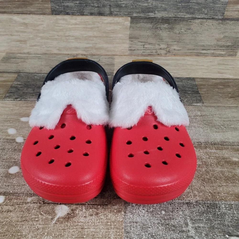 Crocs Classic Lined Santa Kids Clog Sz 2 J2 Red Round Toe Slip-On Sandals